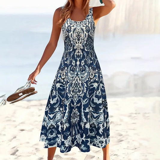 Vestido maxi bohemio sin mangas de verano para mujer, suelto, fluido, informal, para playa, midi