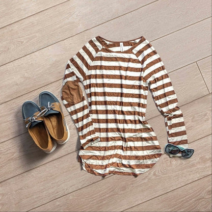 Striped Long Sleeve Boat Neck Top Elbow Patch