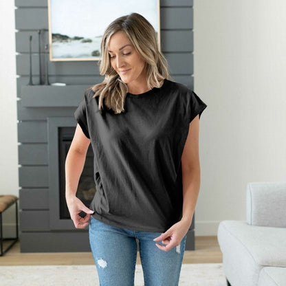 Cotton Round Neck Pleated Shoulder Top