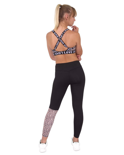 Conjunto de leggings y sujetador deportivo Jordena - Negro y estampado de leopardo 