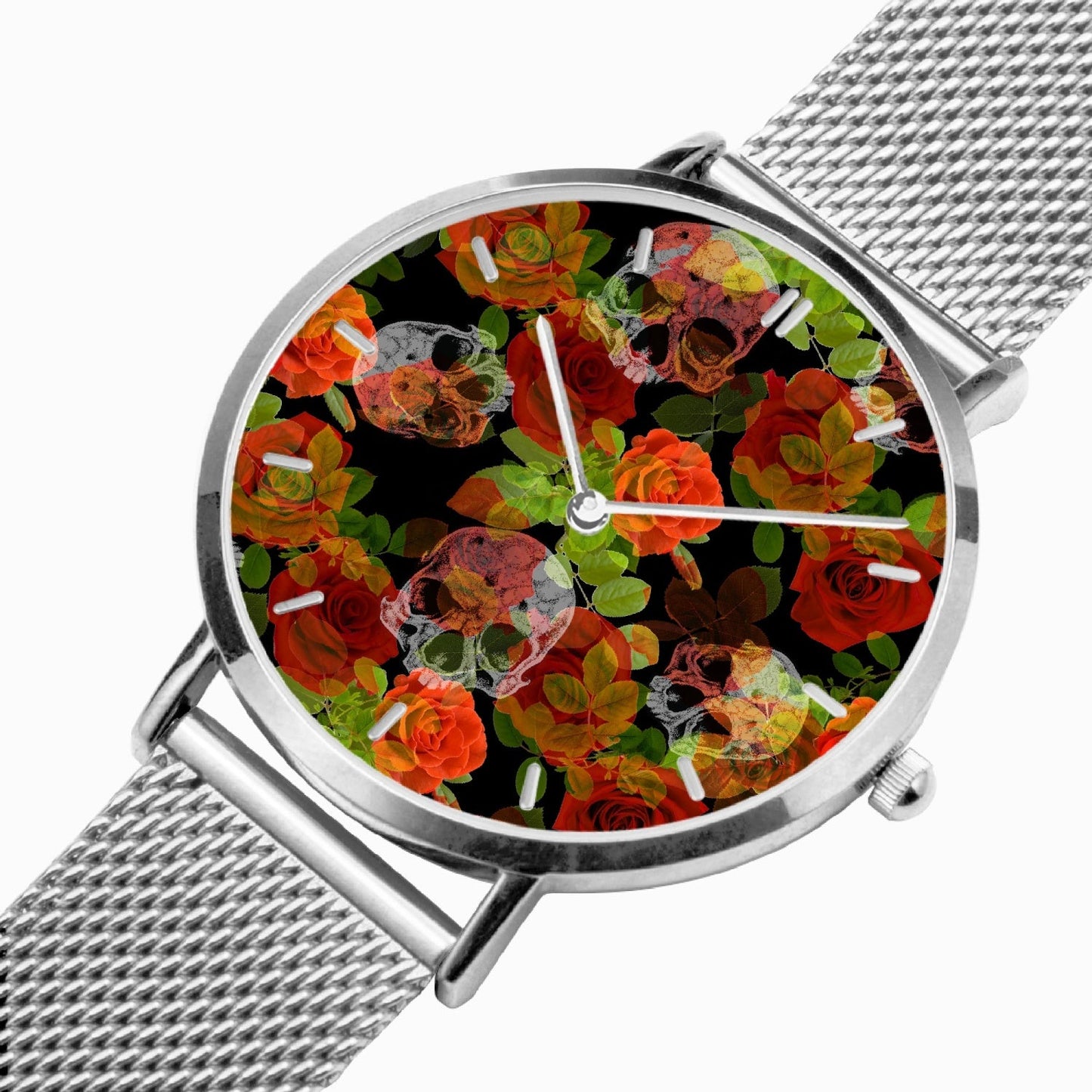 Reloj de cuarzo ultrafino de acero inoxidable con calaveras florales de Jacki Easlick