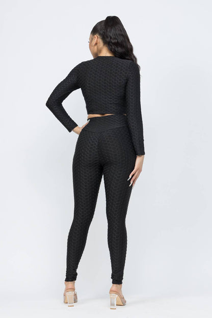 Conjunto de top y leggings con lazo fruncido en nido de abeja