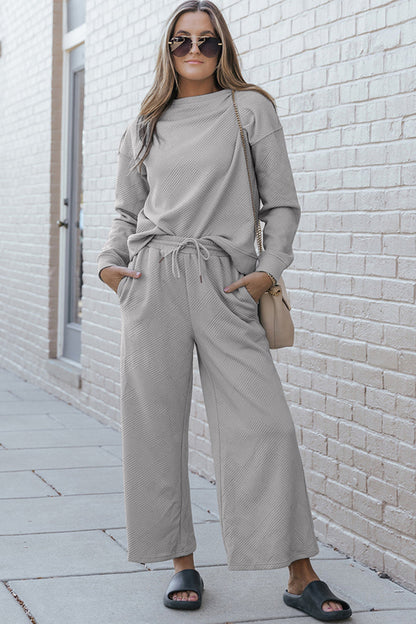 Double Take Full Size Textured Long Sleeve Top and Drawstring Pants