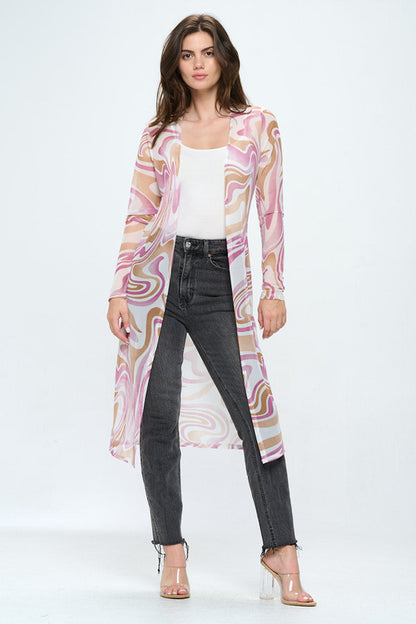 Cardigan long transparent pour femme avec imprimé tourbillon rétro