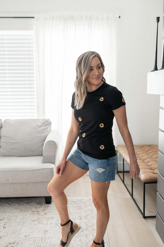 Slub S Sleeve T Shirts With Flower Emb