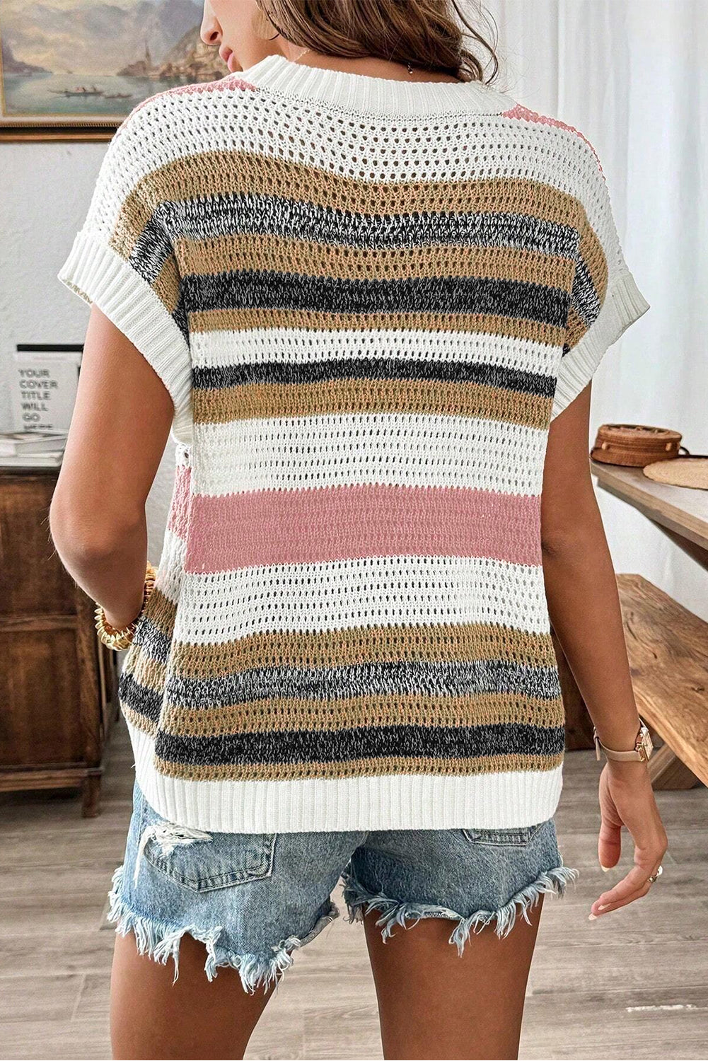 Camiseta de manga corta de punto con ojales y bloques de color de rayas rosas