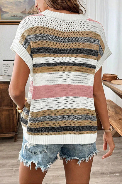 Camiseta de manga corta de punto con ojales y bloques de color de rayas rosas