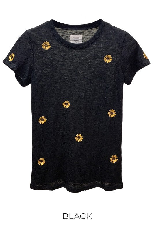 Slub S Sleeve T Shirts With Sunflower Emb