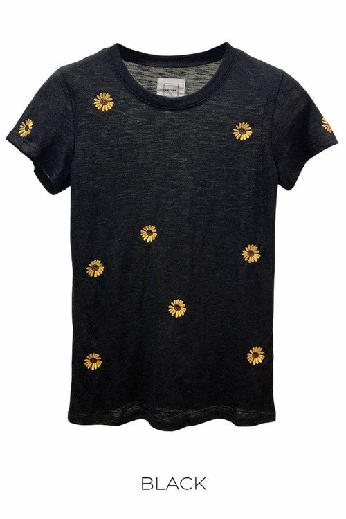 T-shirts à manches S flammés avec broderie tournesol