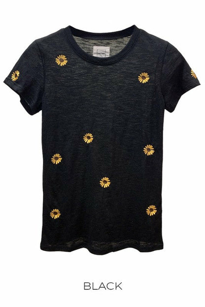 T-shirts à manches S flammés avec broderie tournesol