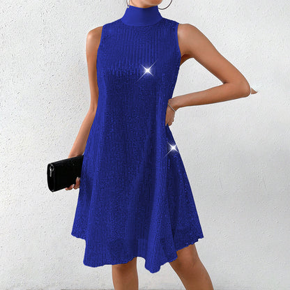 Robe de soirée pailletée sans manches à col montant pour femme
