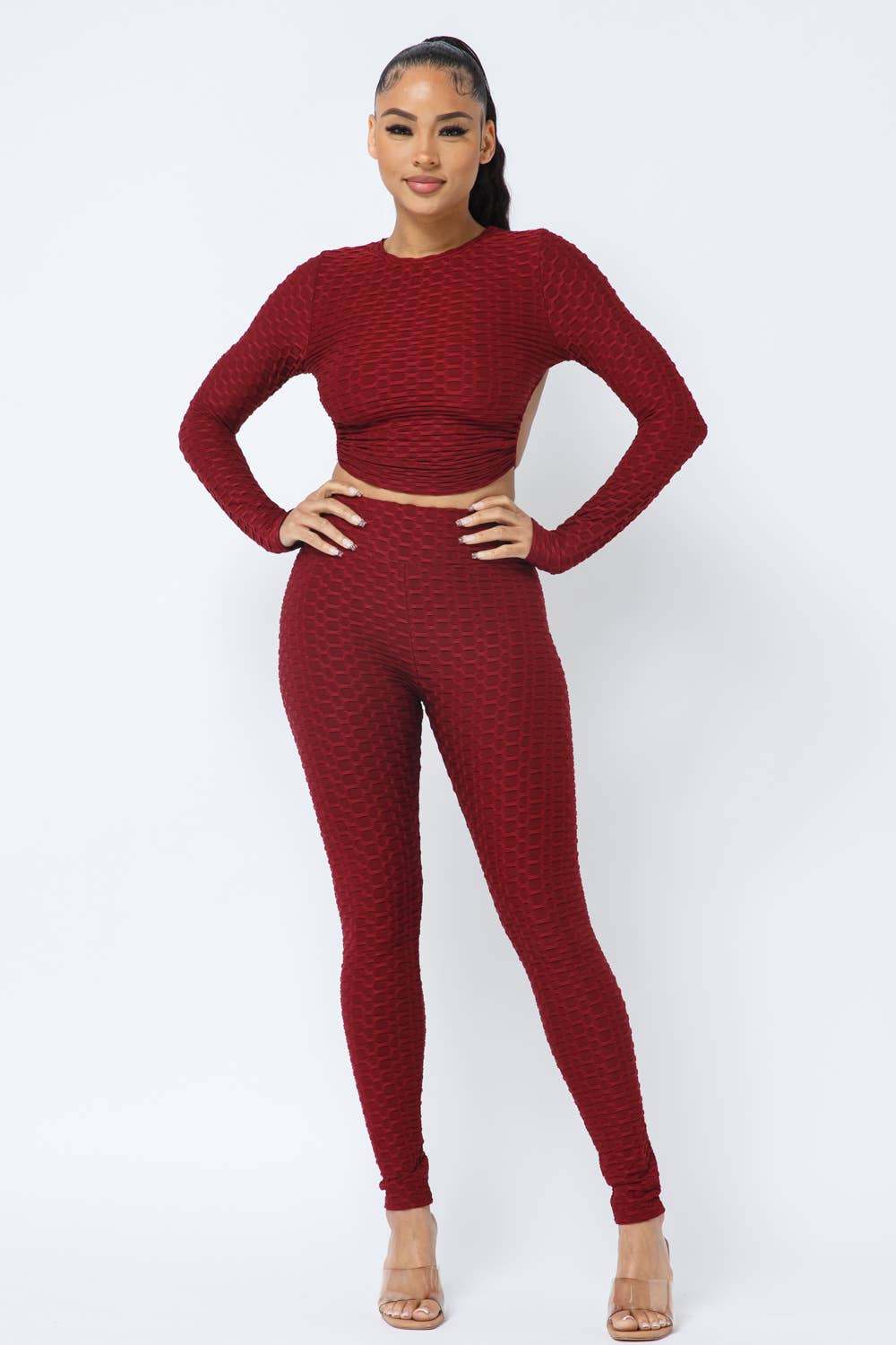 Ensemble haut et leggings à dos ouvert en nid d'abeille