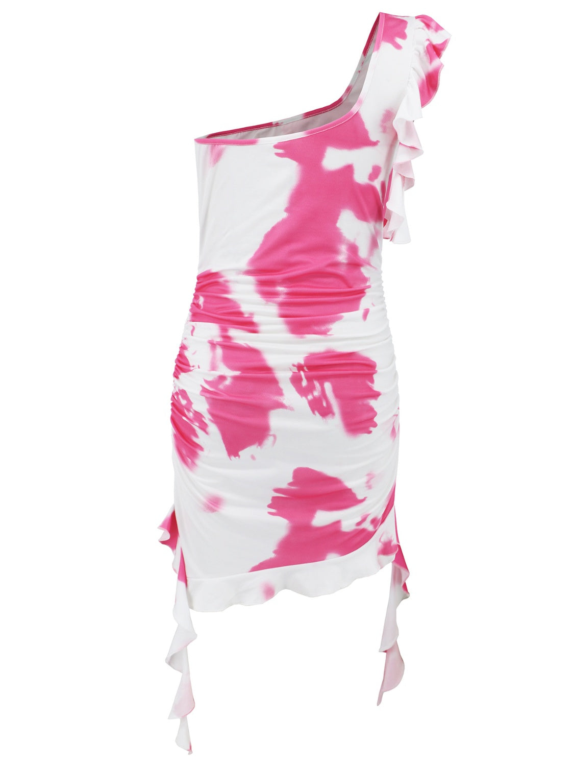 Vestido mini de un solo hombro con volantes y efecto tie-dye