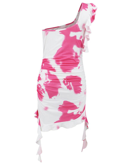 Vestido mini de un solo hombro con volantes y efecto tie-dye