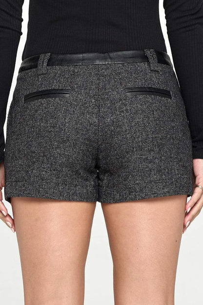 Pantalones cortos de tweed de cintura alta con ribete de piel sintética