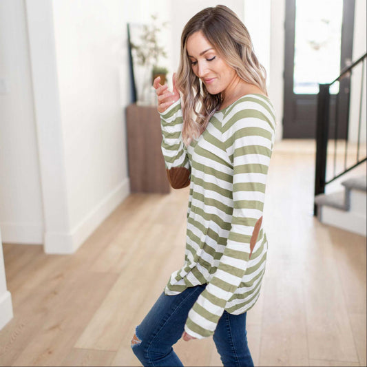 Striped Long Sleeve Boat Neck Top Elbow Patch