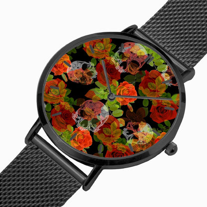 Reloj de cuarzo ultrafino de acero inoxidable con calaveras florales de Jacki Easlick