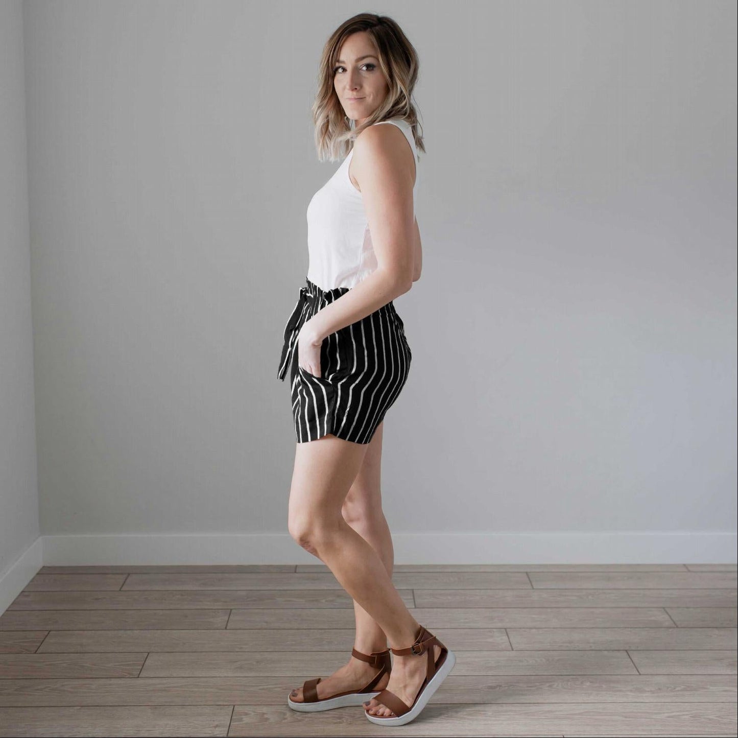 Striped Tie Front Paperbag Shorts