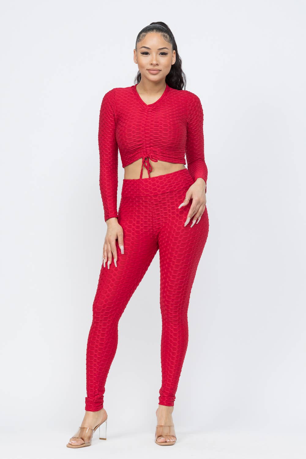 Conjunto de top y leggings con lazo fruncido en nido de abeja