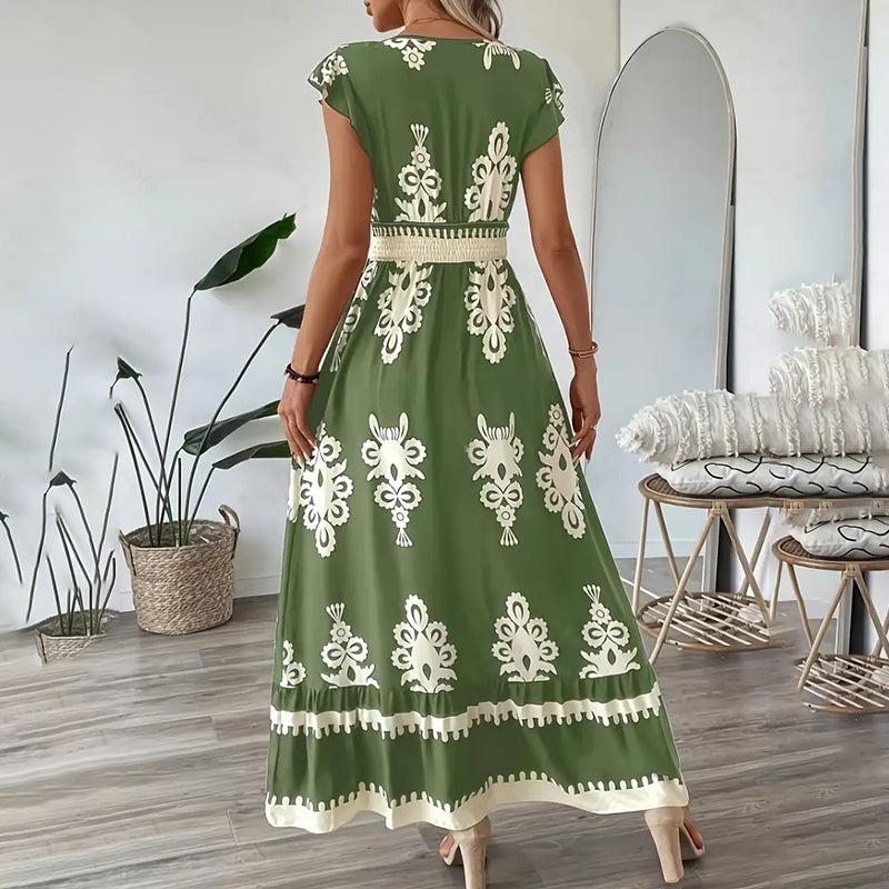 Robe longue d'été fluide pour femme, décontractée, manches courtes, col en V, taille smockée, robe de plage 