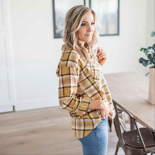 Double Flap Pocket Button-up Plaid Shirt With Roll-up Long Sleeves