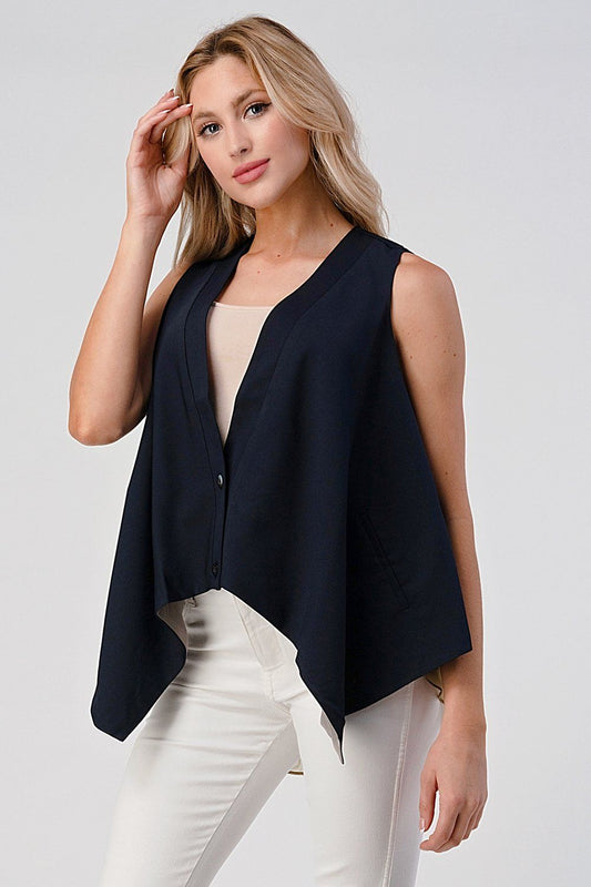 Gilet asymétrique boutonné sans manches avec ourlet superposé
