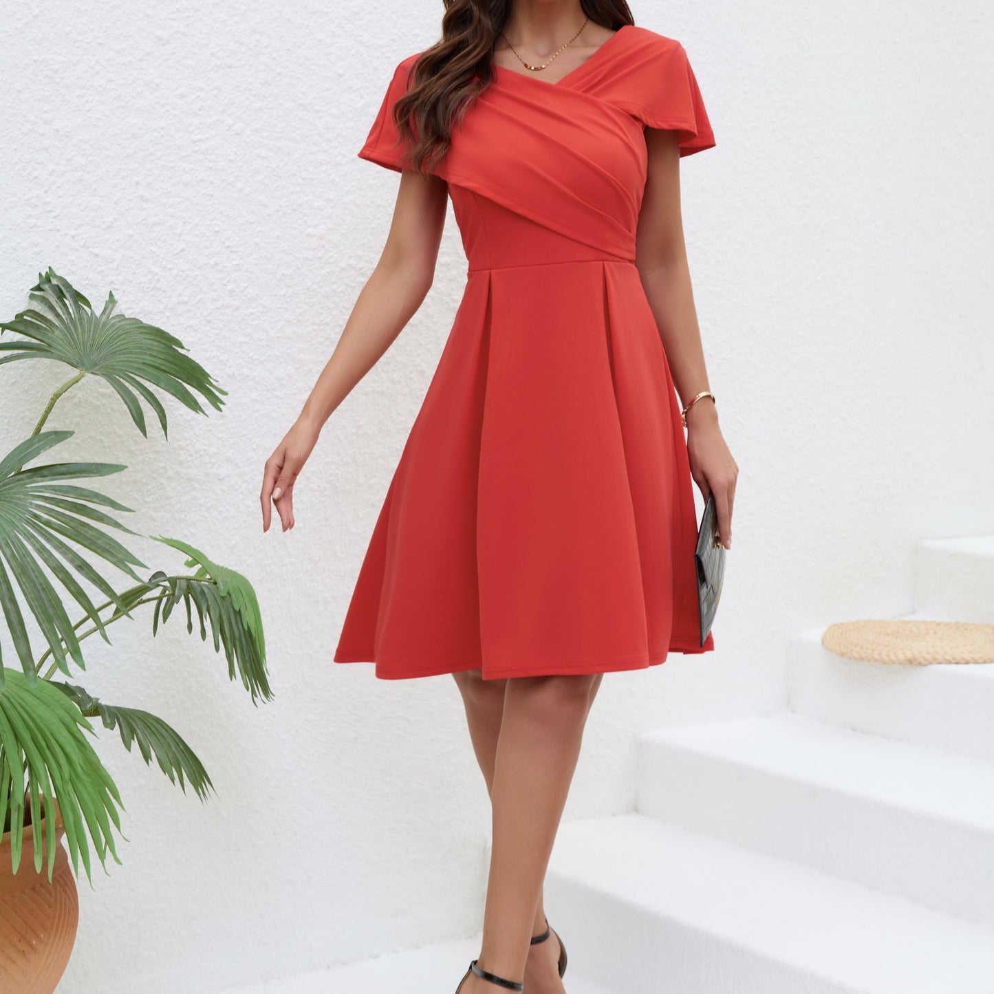Robe trapèze plissée à col en V et taille cintrée pour femme, couleur unie 