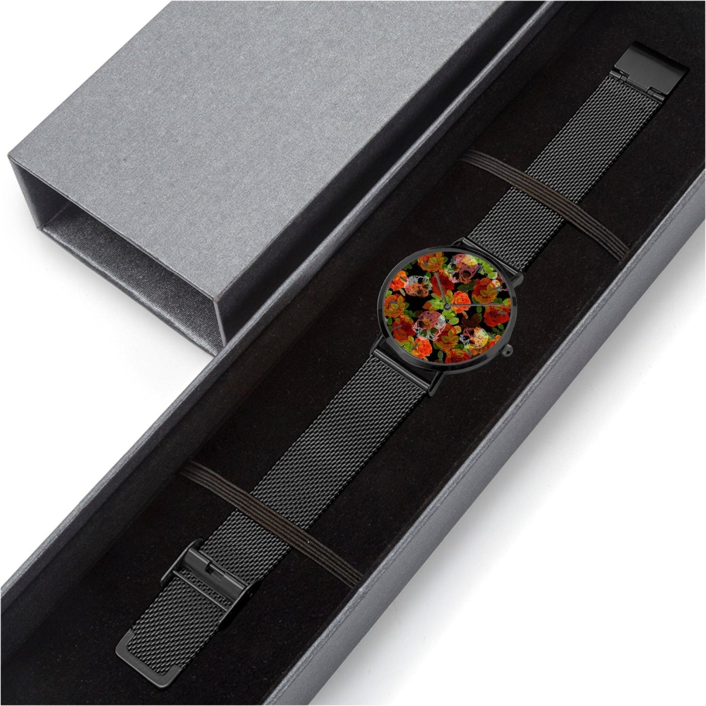Reloj de cuarzo ultrafino de acero inoxidable con calaveras florales de Jacki Easlick