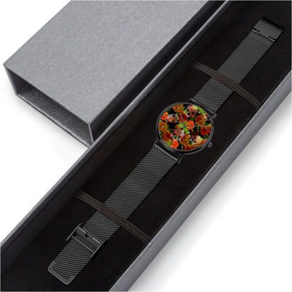 Reloj de cuarzo ultrafino de acero inoxidable con calaveras florales de Jacki Easlick
