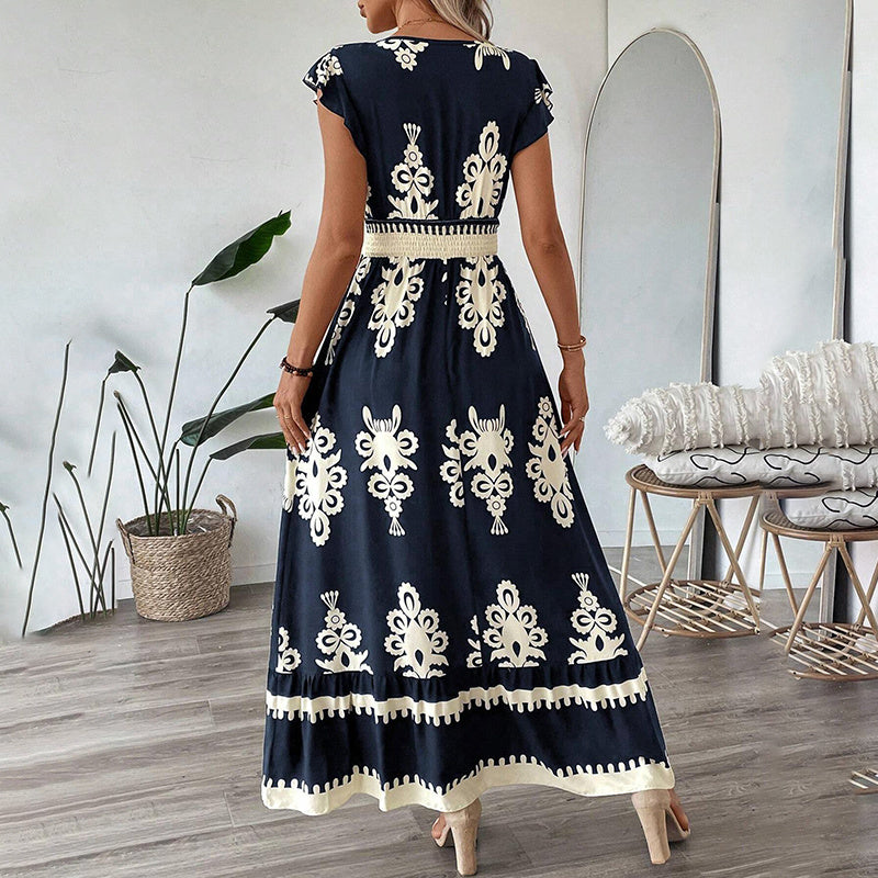 Robe longue d'été fluide pour femme, décontractée, manches courtes, col en V, taille smockée, robe de plage 