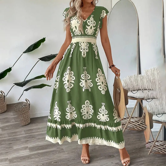 Vestido largo de verano fluido para mujer, informal, con mangas cortas, cuello en V, cintura fruncida, vestido playero 