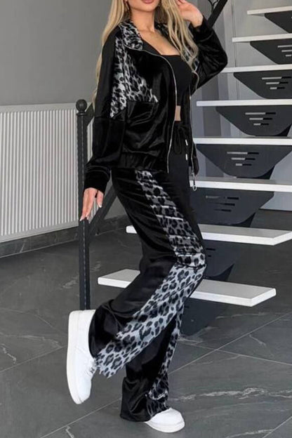 Ensemble haut et pantalon zippé léopard à col montant, grande taille