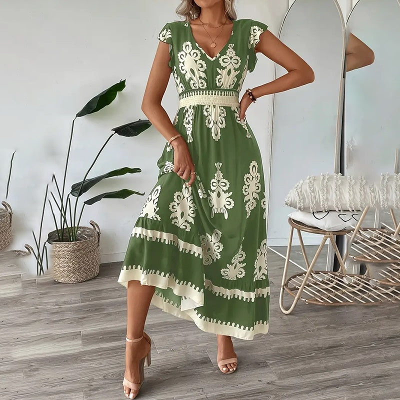 Robe longue d'été fluide pour femme, décontractée, manches courtes, col en V, taille smockée, robe de plage 