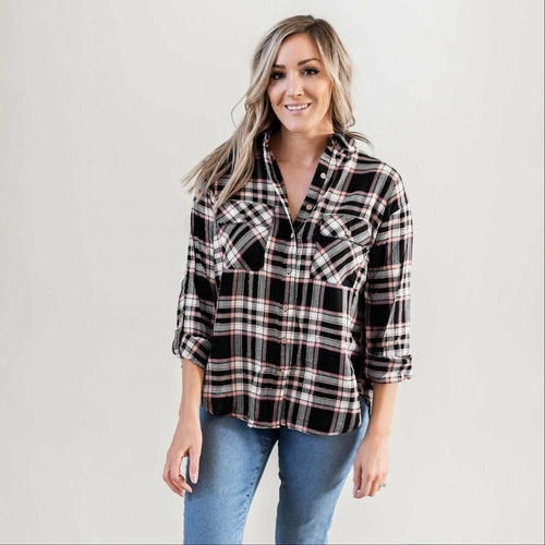 Double Flap Pocket Button-up Plaid Shirt With Roll-up Long Sleeves