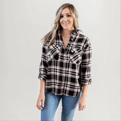 Double Flap Pocket Button-up Plaid Shirt With Roll-up Long Sleeves