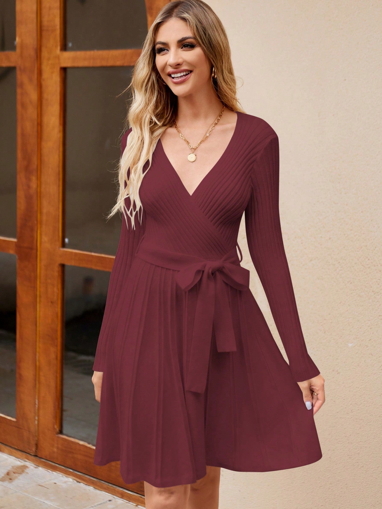 Vestido de punto cruzado de manga larga para mujer
