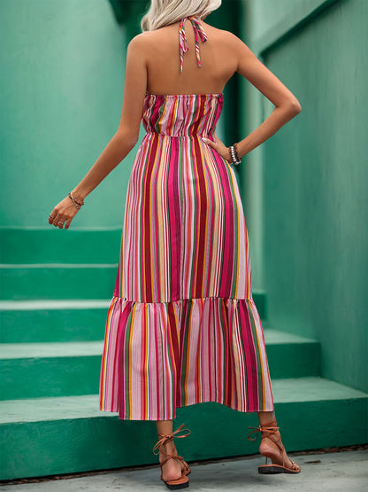 Vestido midi con cuello halter a rayas y detalle de encaje