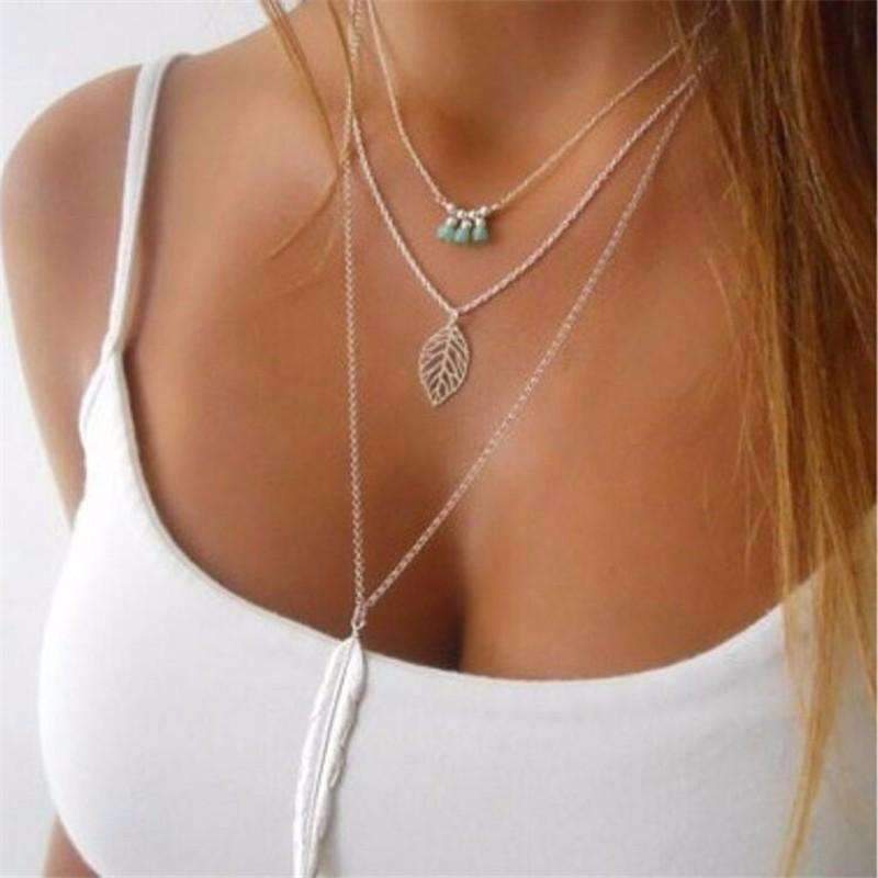 Collier multicouche en plumes de feuilles turquoise