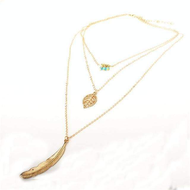 Collier multicouche en plumes de feuilles turquoise