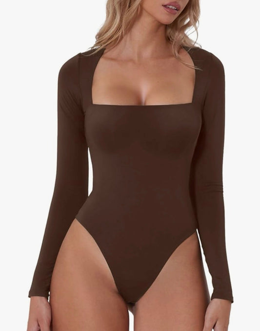 Body sexy à col carré et manches longues pour femme, haut doublé