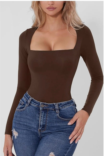 Body sexy à col carré et manches longues pour femme, haut doublé