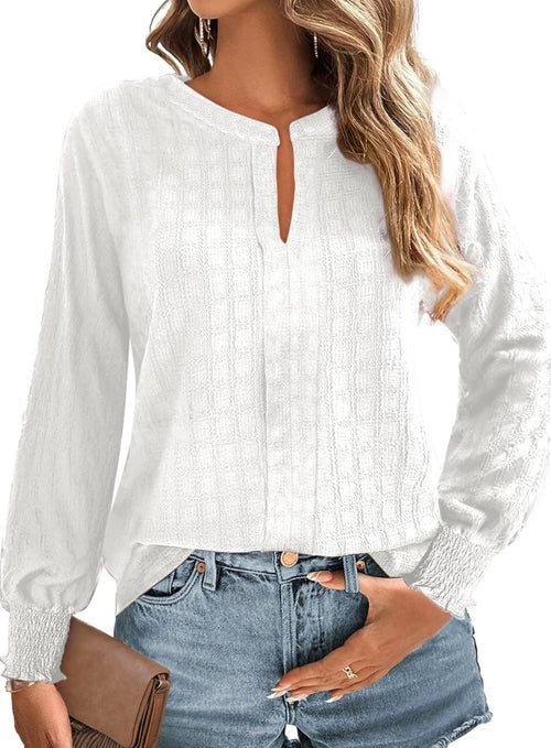 Camisas de manga larga para mujer, blusas casuales de otoño con cuello en V, blusas sueltas de color sólido