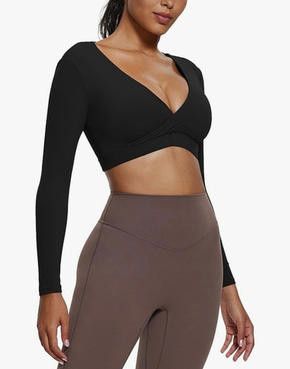 Camiseta corta de manga larga para mujer con escote en V profundo y corte medio para entrenamiento