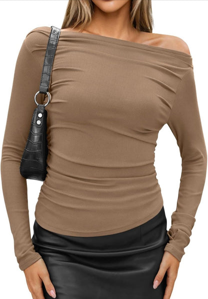 Hauts à manches longues et épaules dénudées pour femmes, sexy, coupe ajustée, en tricot, style décontracté