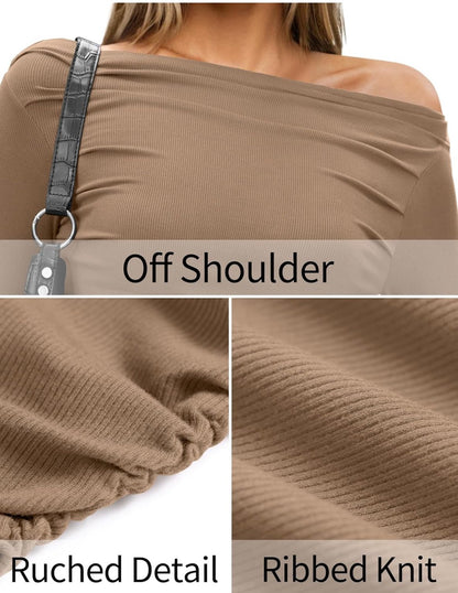 Hauts à manches longues et épaules dénudées pour femmes, sexy, coupe ajustée, en tricot, style décontracté