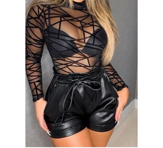 Haut transparent en maille pour femme, manches longues, dentelle florale, motif araignée rhomboïde