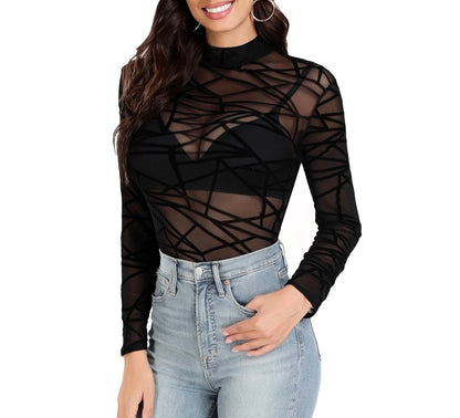 Haut transparent en maille pour femme, manches longues, dentelle florale, motif araignée rhomboïde