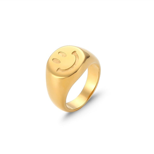 Nuevo y moderno anillo de acero inoxidable chapado en oro de 18 quilates con cara sonriente